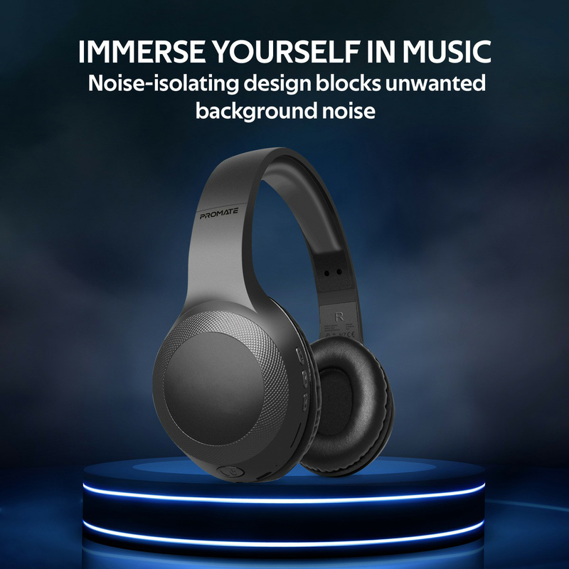 Promate Laboca Wireless Over-Ear Deep Bass Headphones with Built-in Mic, MicroSD Card Slot, Black