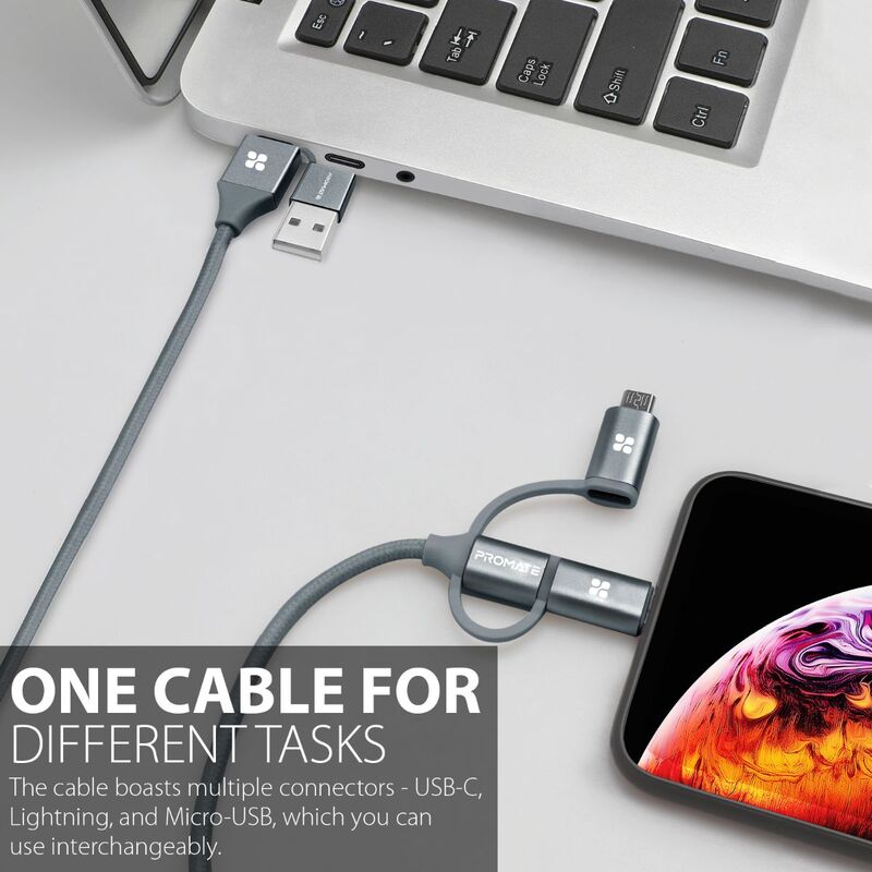 Promate 1.2-Meter PentaPower 6-In-1 Multi Charging Cable, Premium Hybrid 20V 3A USB-A/USB-C to Lightning/USB-C/Micro USB Connectors, Fast Sync Charging with 60W Type-C to Type-C Power Delivery, Grey