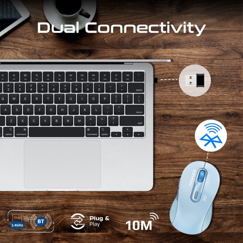 Promate Wireless Mouse, Ergonomic Ambidextrous Wireless Mice with Dual Mode Connectivity, Bluetooth v5.3, 2.4Ghz Transmission, Adjustable 1600DPI, 150H Working Time for MacBook Air, Dell XPS 13, Asus