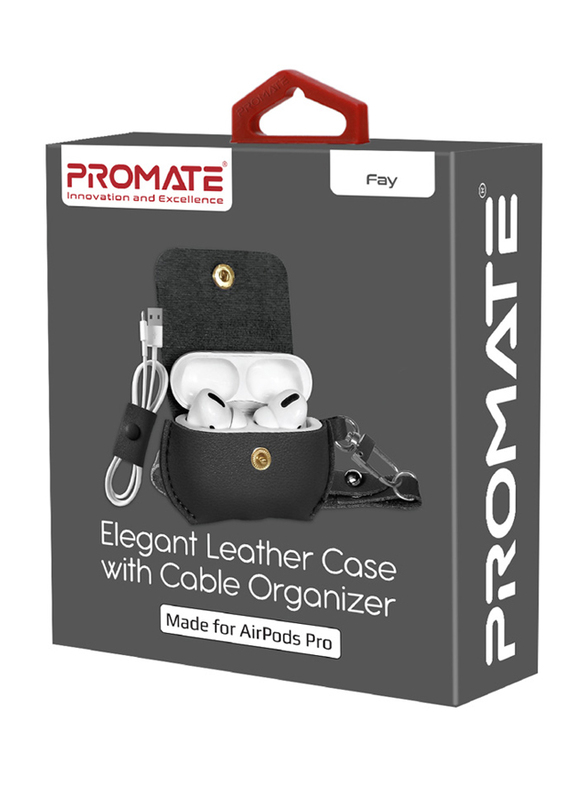 Promate Fay Elegant Leather Case with Cable Organizer for AirPods Pro, Black