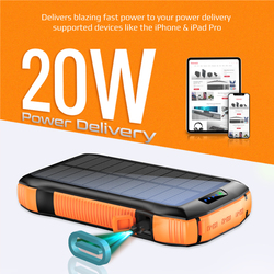 Promate 20000mAh Solar Powered Portable Power Bank, with Wireless Charging, USB-C Power Delivery Port, QC 3.0 Port, 5V/3A USB Ports, IP66 Protection and LED Light, SolarTank-20PDQi, Black/Orange