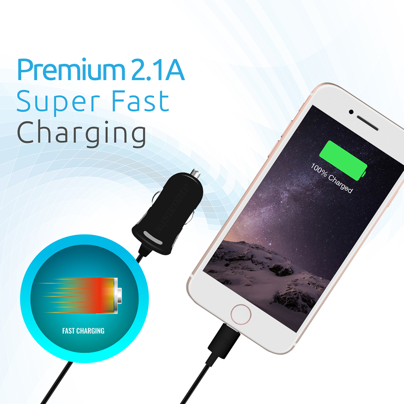 Promate ProChargeLT iPhone Car Charger, 2.1A Ultra Compact Apple MFi Certified with 3 Feet Lightning Connector Cable and Short-Circuit Protection for Apple Devices, Black