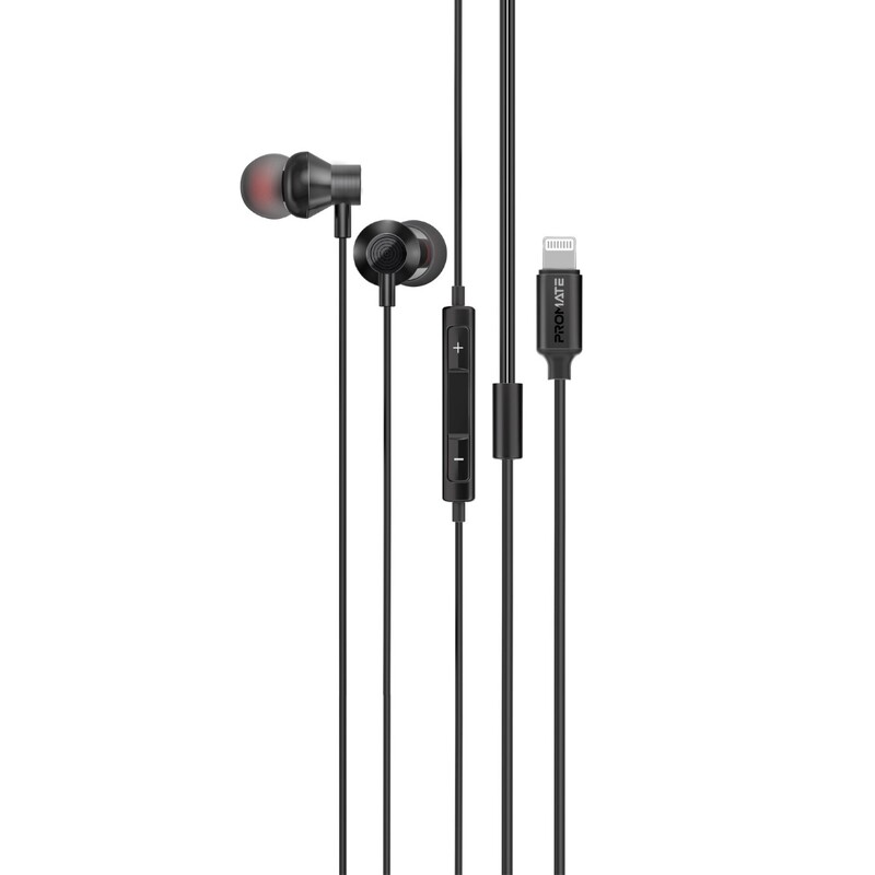 Promate Earphones with Lightning Connector, Ergonomic In-Ear Apple MFi Certified Earphones with Microphone, Noise Isolation, Call Function and In-Line Volume Control for iPhone 14/13 iPad Pro