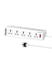 Promate 10 AC Outlets UK Plug Wall Charger with 4 USB-C PD 20W Ports and 5-Meter Cable, PowerMatrix-5M, White