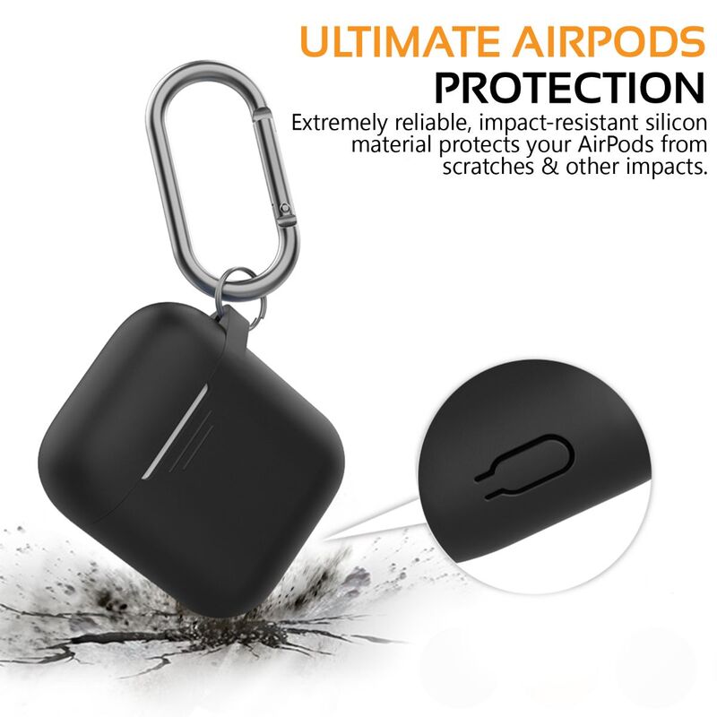 Promate GripCase Silicone Case for Apple AirPods/AirPods 2, Lightweight Anti-Slip Soft 360 Degree Protective Cover with Anti-Lost Carabiner Hook and Wireless Charging, Black