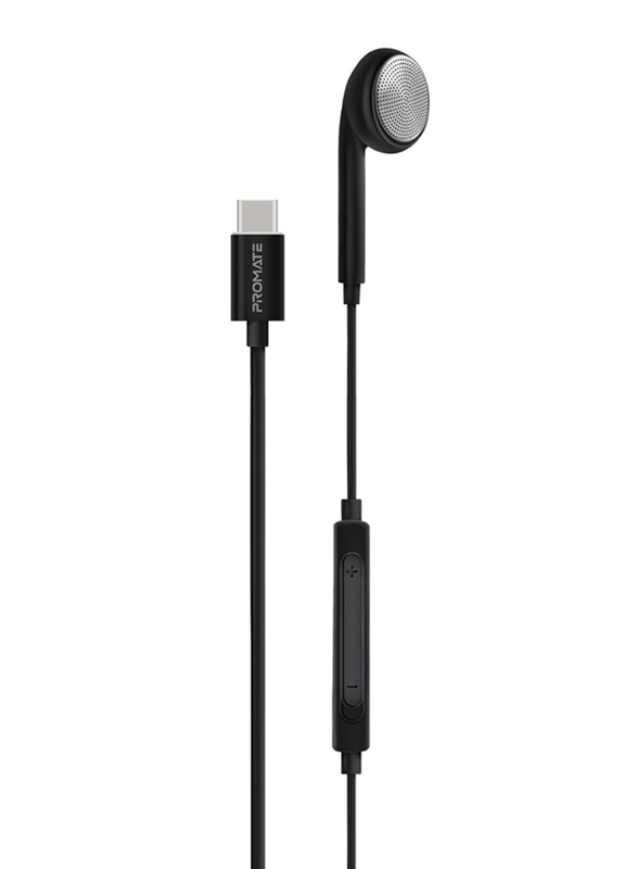 Promate In-Ear USB-C with Built-In Mic In-Line Button Lingo-C Controls Mono Wired Earphone, Black