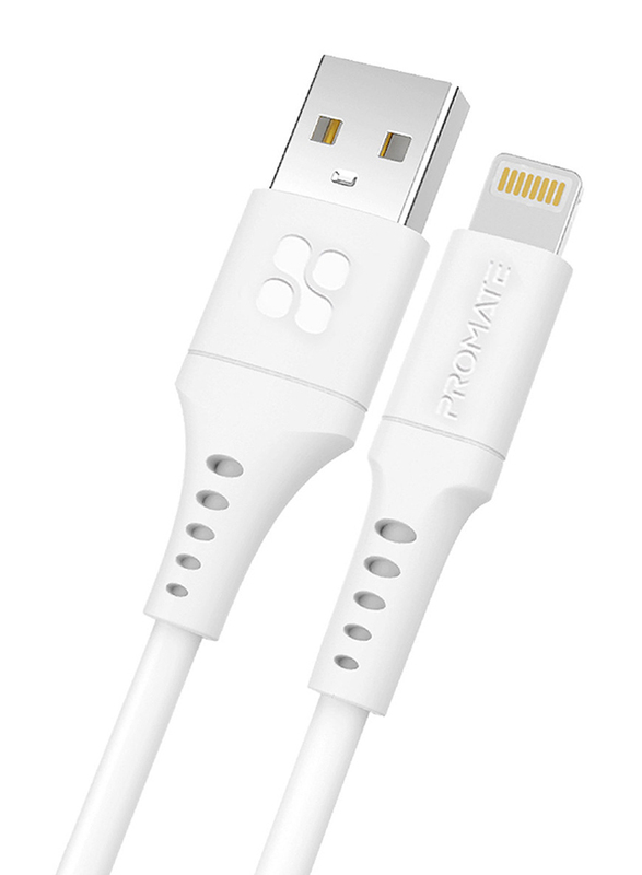 Promate 2-Meter 480 Mbps Data Sync Cord, USB Type A to Lightning Cable with 2.4V Output, PowerLink-Ai200, White