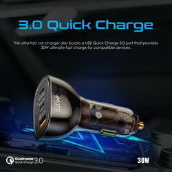 Promate Car Charger, Transparent 80W Fast Charge Multi-Port Car Adapter with Dual USB Type-C Power Delivery Ports, Qualcomm QC 3.0 USB-A Port and Overheat Protection for iPhone 14, iPad Air