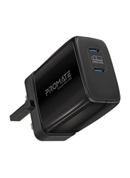 Promate Universal Powerful GaN Tech Fast UK Wall Charger, with 2 Type-C Port, POWERPORT-65.UK-BK, Black