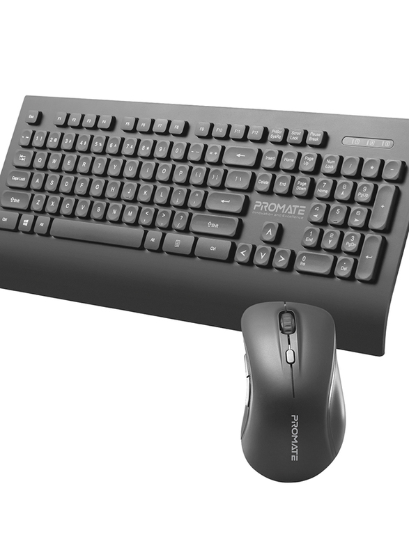 Promate Ergonomic Wireless English Keyboard and Mouse Combo with USB Receiver, ProComvo-7, Black