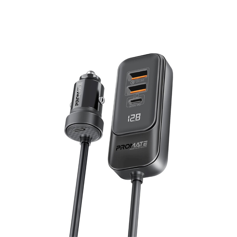 Promate Car Charger, Premium 120W DC Charger with Extended Fast-Charging Hub, Dual USB-C Power Delivery Ports, Dual Qualcomm QC 3.0 USB-A Ports and 1.5M Long Cable for iPhone 14, iPad Air