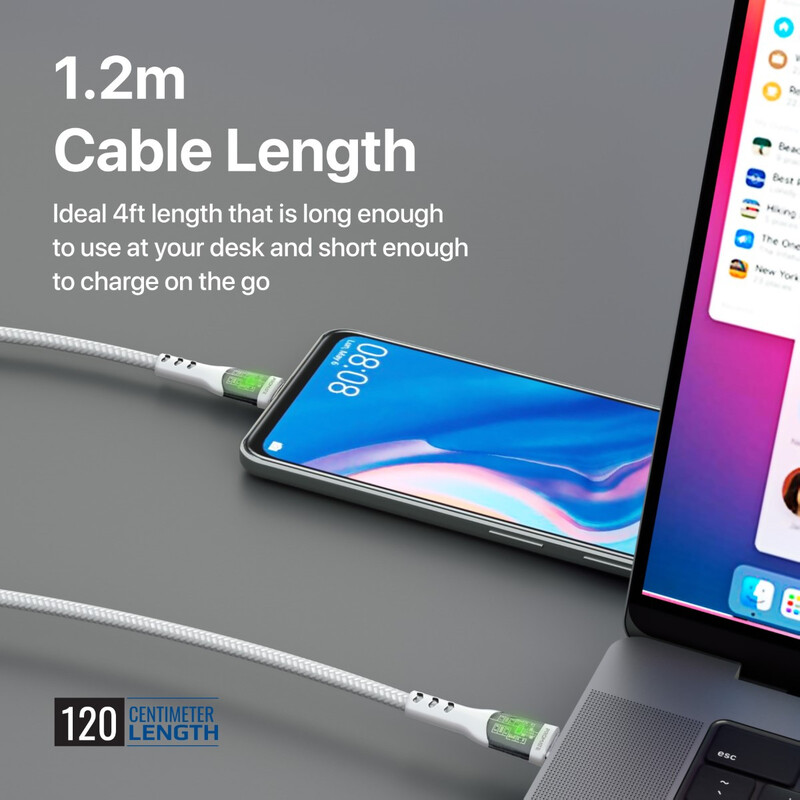 Promate USB-C to USB-C Cable, Premium 60W Power Delivery Type-C Cable with Transparent Shells, 480Mbps Data Sync and 120cm Nylon Braided Cord for Galaxy S22, iPad Air, Dell XPS 13, TransLine-CC.WHITE