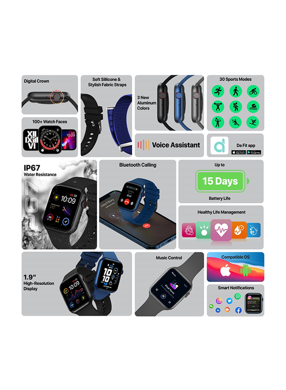 Promate Bluetooth 5.0 Health and Fitness Tracker 1.9 TFT Display Smart Watch, XWatch-B19, Graphite