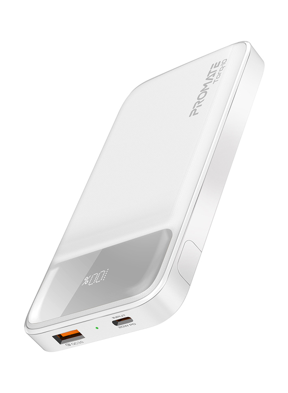 Promate 10000mAh Power Bank with Kickstand 20W USB-C PD Port and QC 3.0 18W Port, White