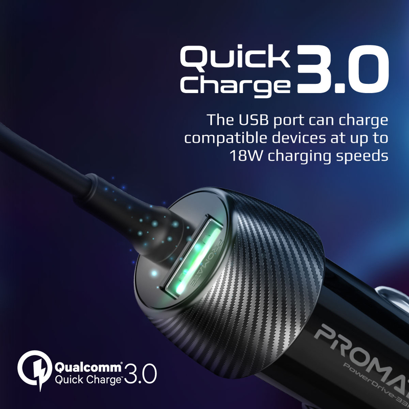 Promate 33W USB-C Car Charger with QC 3.0 Port and Coiled Cable, PowerDrive-33PDC, Black