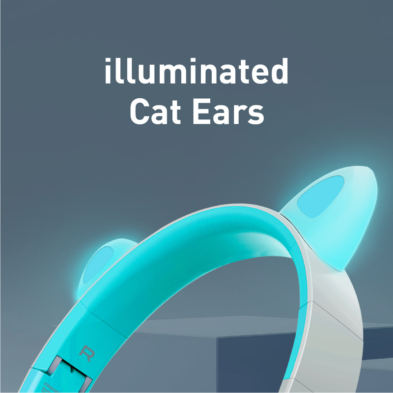 Promate Panda Wireless/Bluetooth On-Ear Kids Headset with LED Cat Ears, Aqua