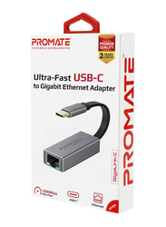 Promate GigaLink-C Ethernet Adapter, USB-C Male to Network Ethernet Adapter, 1Gbps RJ45 Gigabit Ethernet LAN for Apple MacBook Pro/MacBook Air/Surface book/Chromebook/XPS/Samsung S10/S10+, Grey