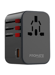 Promate GaN Travel Adapter with AC Outlet, Dual 65W USB-C PD and 30W QC 3.0 Ports, Black