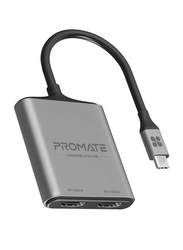 Promate USB-C to HDMI Adapter, Ultra HD 4k 60hz Type-C to HDMI Adapter Converter with Dual HDMI Ports, Compact Travel-Friendly Design, MediaLink-H2, Black