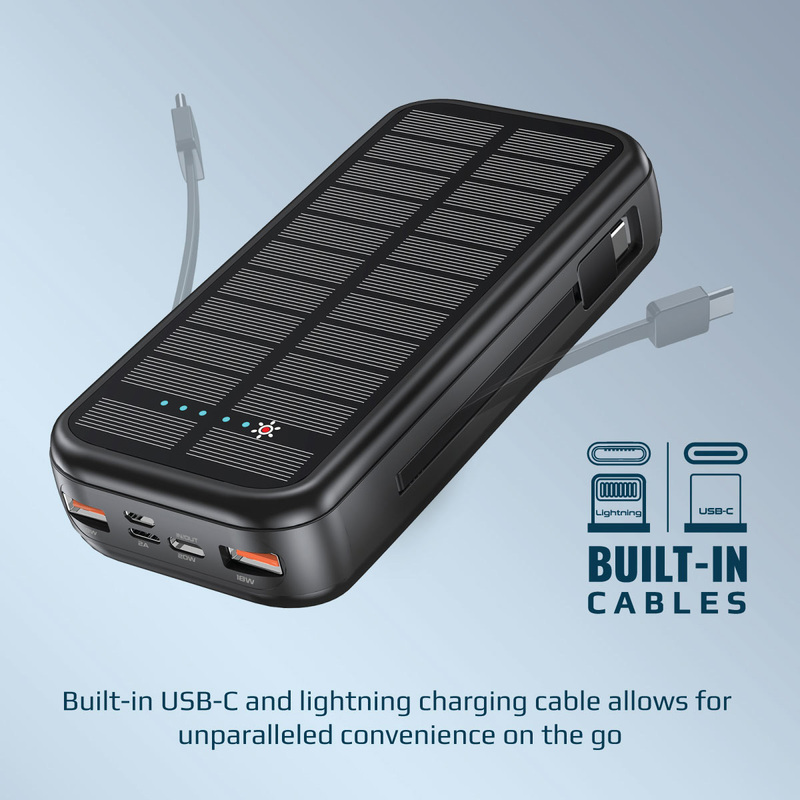 Promate 20000mAh Portable Battery Solar Power Bank, with Built-in 5V/2.1A USB-C and Lightning Cables, 20W USB-C Power Delivery and Dual QC 3.0 Ports, Black