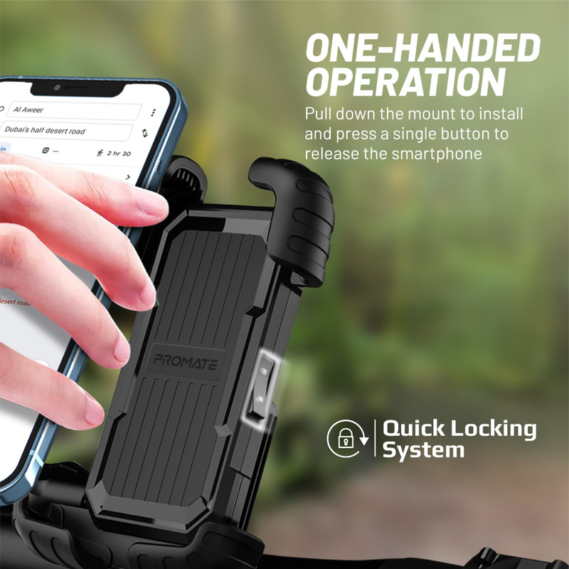 Promate Bike Phone Holder with Quick Locking Button Non-Slip 360 Degree Rotation, Black