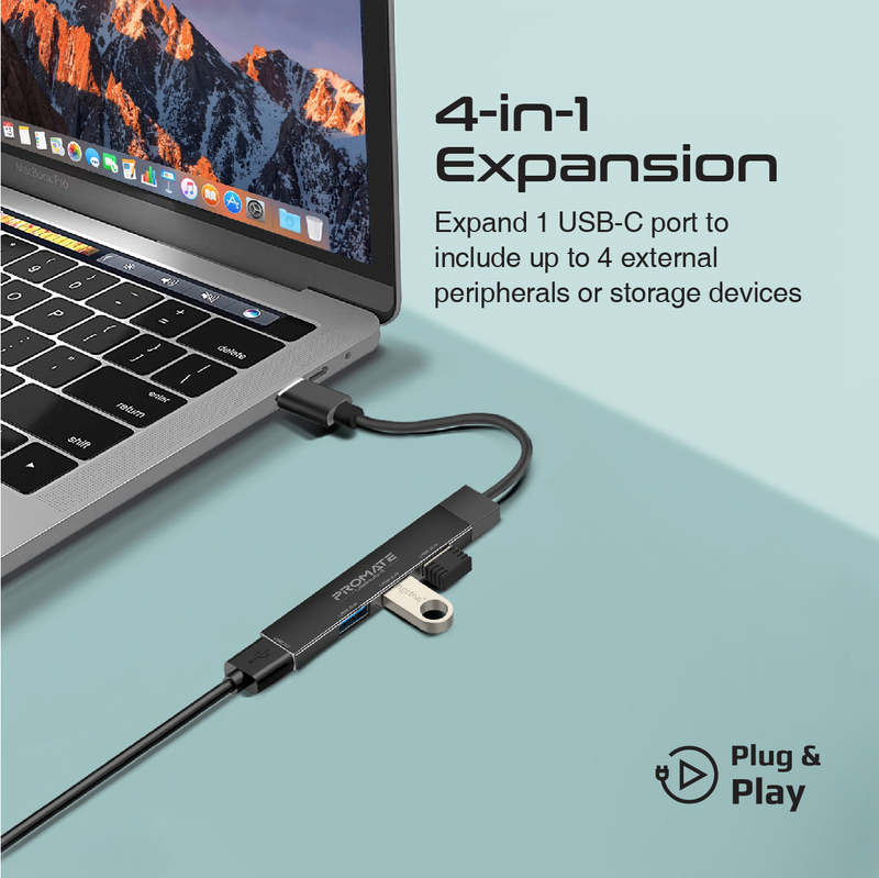 Promate 4-in-1 Type-C Sync/Charge Adapter USB-C Hub, Black