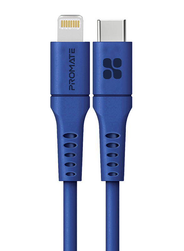 Promate 2-Meter Lightning Cable, Fast Charging 3A USB Type-C Male to Lightning, Anti-Tangle Cord for Apple Devices, Blue