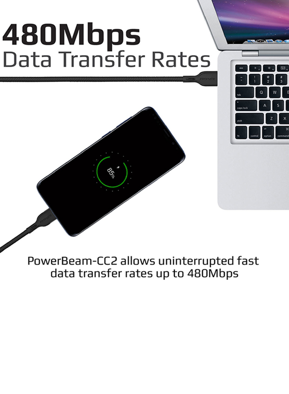 Promate 2-Meter PowerBeam-CC2 USB Type C Cable, Ultra-Fast 3A USB Type-C Male to USB Type-C, Sync/Fast Charger, with 60W Power Delivery and c for MacBook Pro/Google Pixel XL/Nexus 5X/6P, Black