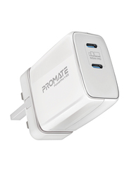 Promate Universal Powerful GaN Tech Fast UK Wall Charger, with 2 Type-C Port, POWERPORT-65.UK-WT, White