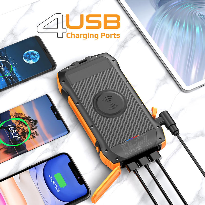 Promate 20000mAh Solar Powered Portable Power Bank, with Wireless Charging, USB-C Power Delivery Port, QC 3.0 Port, 5V/3A USB Ports, IP66 Protection and LED Light, SolarTank-20PDQi, Black/Orange