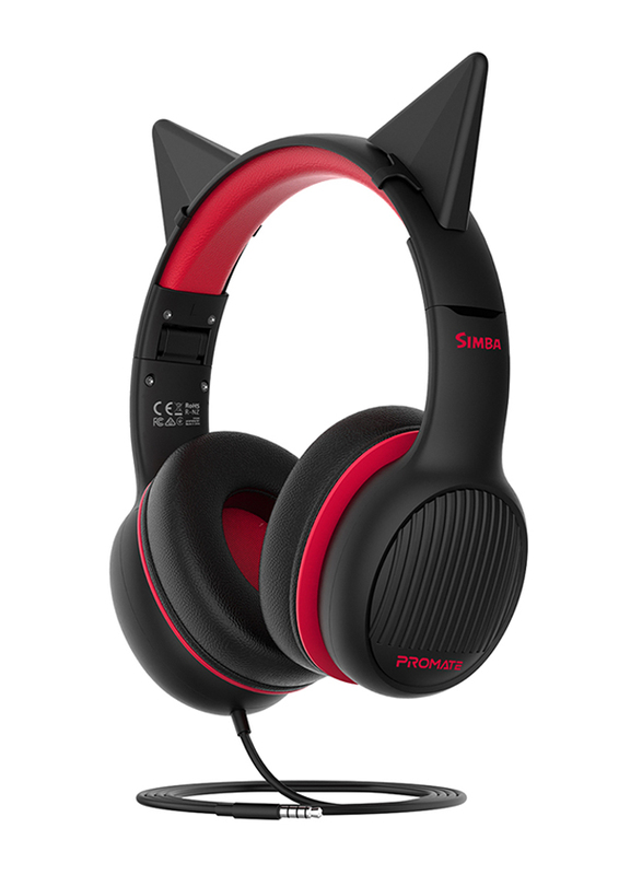 Promate Wired On-Ear Kids Headset with Removable Cat Ears, Simba Onyx Black