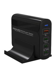 Promate 4-in-1 EU Plug Wall Charger, Quick Charge 3.0 Port with USB Type-C and Removable Stand, PowerStorm-PD150 EU, Black