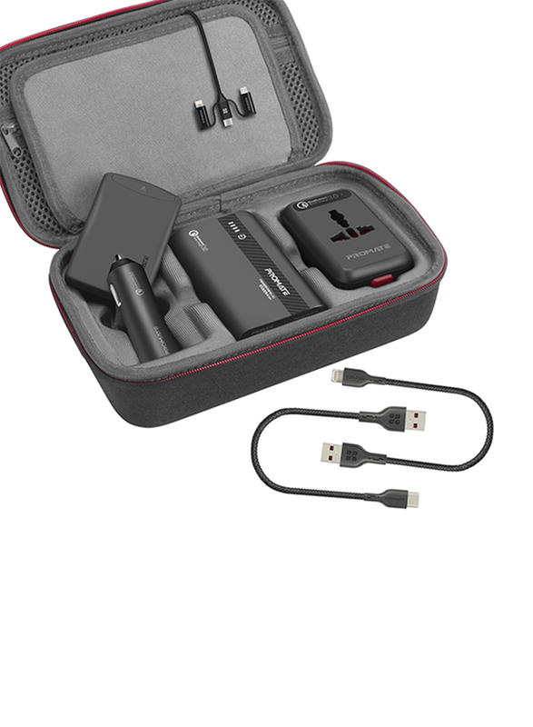 Promate PowerGear 7-In-1 Electronics Travel Kit, with 10000mAh USB-C PB, QC 3.0 TA, USB-C Cable, QC3.0 Car Charger, Cable Organizer, Sim Card Holder, Lightning and 6-in-1 Multi Charging Cable, Grey