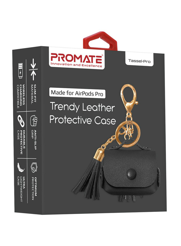 Promate Tassel-Pro Trendy Leather Protective Case for AirPods Pro, Black