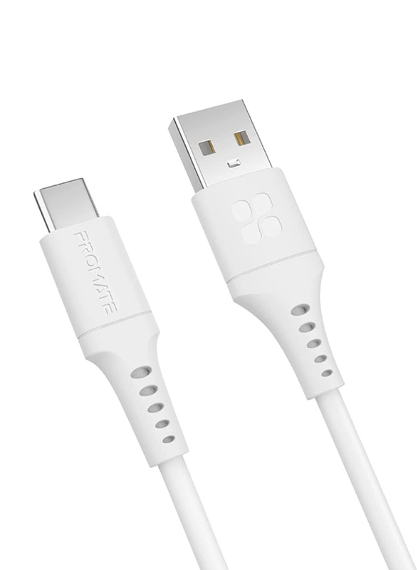 Promate 2-Meter Fast-Charging 5V/3A Anti-Tangle Silicone Cord, USB Type A to USB Type-C Cable with 480 Mbps Data Sync for Samsung Galaxy S22, iPad Air, PowerLink-AC200, White
