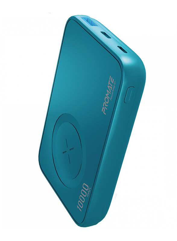

Promate 10000mAh PowerMag-10+ Magnetic Wireless Fast Charging Power Bank with USB-A Port and USB-C Lightning Input, Blue