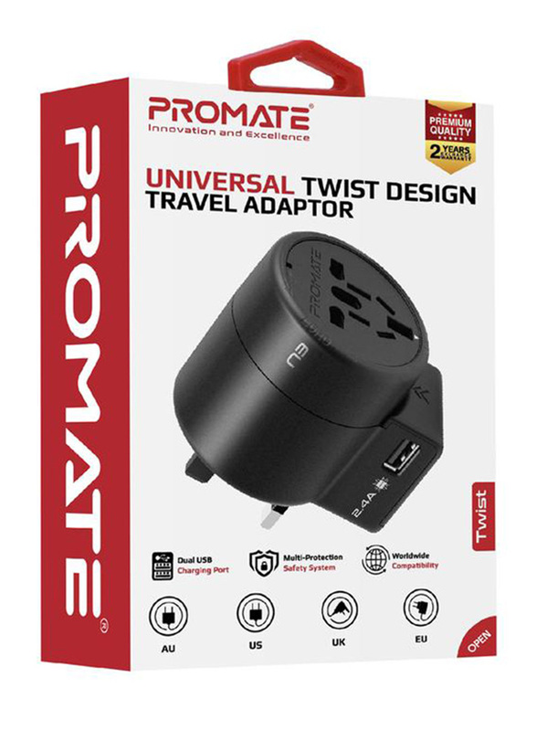 Promate Twist Travel Adapter Wall Charger with 2.4A 12W Dual USB Charging Port for UK/EU/AU/US/Smartphones/Laptops/Tablets, Black