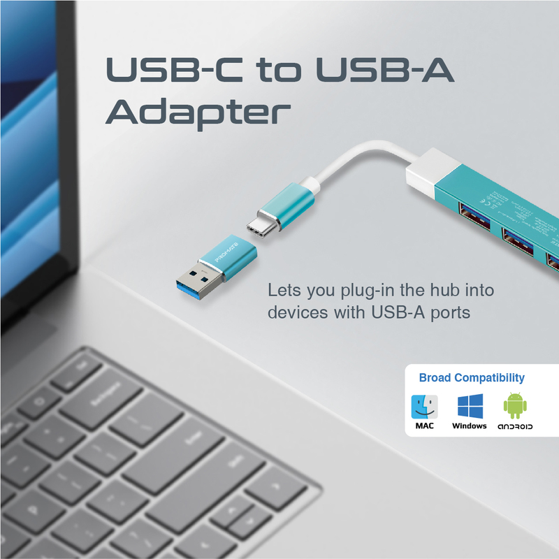 Promate 4-in-1 Type-C Sync/Charge Adapter USB-C Hub, Blue