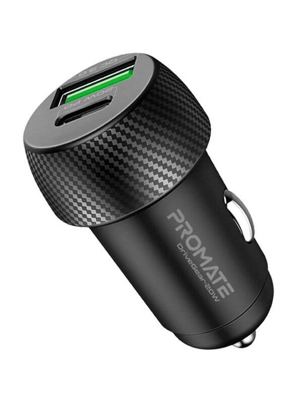 

Promate USB-C Car Charger with 20W USB-C Power Delivery Port and 18W QC 3.0 USB Port, DriveGear-20W, Black