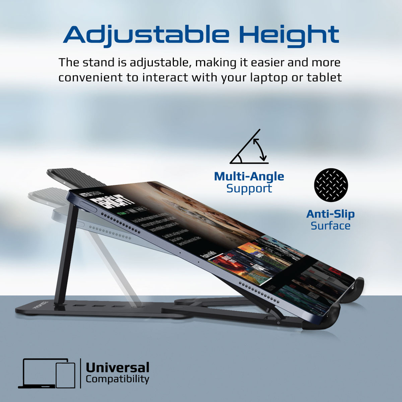 Promate Optimized Air Ventilation Laptop Stand with Adjustable Height and Foldable Design, Black