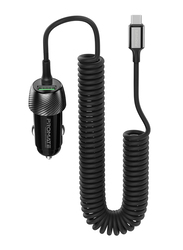 Promate 33W USB-C Car Charger with QC 3.0 Port and Coiled Cable, PowerDrive-33PDC, Black