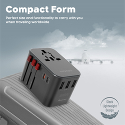Promate Travel Adapter with 1840W AC Socket, 20W USB-C PD, 15W USB-C and 3 USB Ports, TripMate-36W, Black