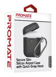 Promate GripCase Silicone Case for Apple AirPods/AirPods 2, Lightweight Anti-Slip Soft 360 Degree Protective Cover with Anti-Lost Carabiner Hook and Wireless Charging, Black