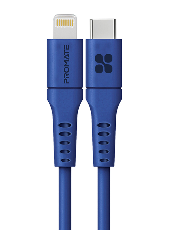 Promate 1.2-Meter Lightning Cable, Ultra-Fast 3A USB Type-C Male to Lightning, Anti-Tangle Cord for Apple Devices, Blue