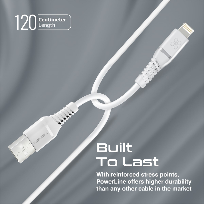 Promate 1.2-Meter High Tensile 2.4A Super-Fast Silicone Cord, USB Type A to Lightning Cable with 480 Mbps Data Sync for iPhone 13, iPad, AirPods Pro, PowerLine-Ai120, White