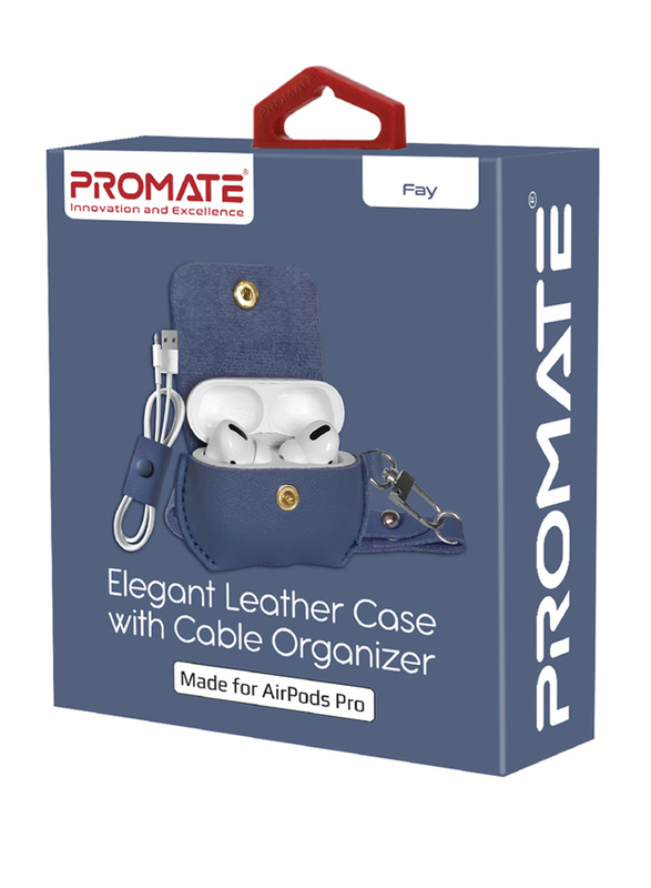 Promate Fay Elegant Leather Case with Cable Organizer for AirPods Pro, Blue