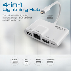 Promate Lightning Hub, 4-in-1 Premium Multimedia Adapter with 1080p HDMI Port, 10/100 Mbps RJ45 Ethernet Port, Quick Data Transfer USB Port and Lightning Charging Port, MediaSync-LT, White