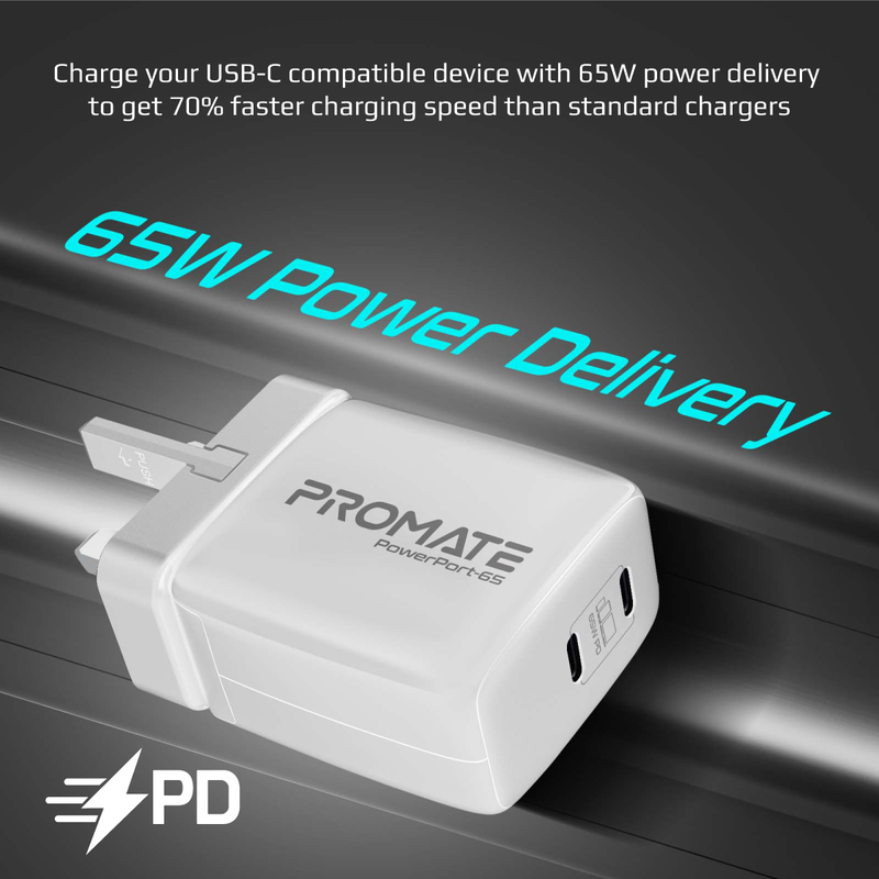 Promate Universal Powerful GaN Tech Fast UK Wall Charger, with 2 Type-C Port, POWERPORT-65.UK-WT, White