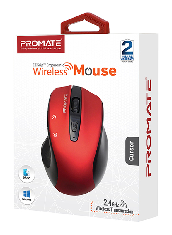 Promate EZGrip Wireless Optical Ergonomic Mouse, Red