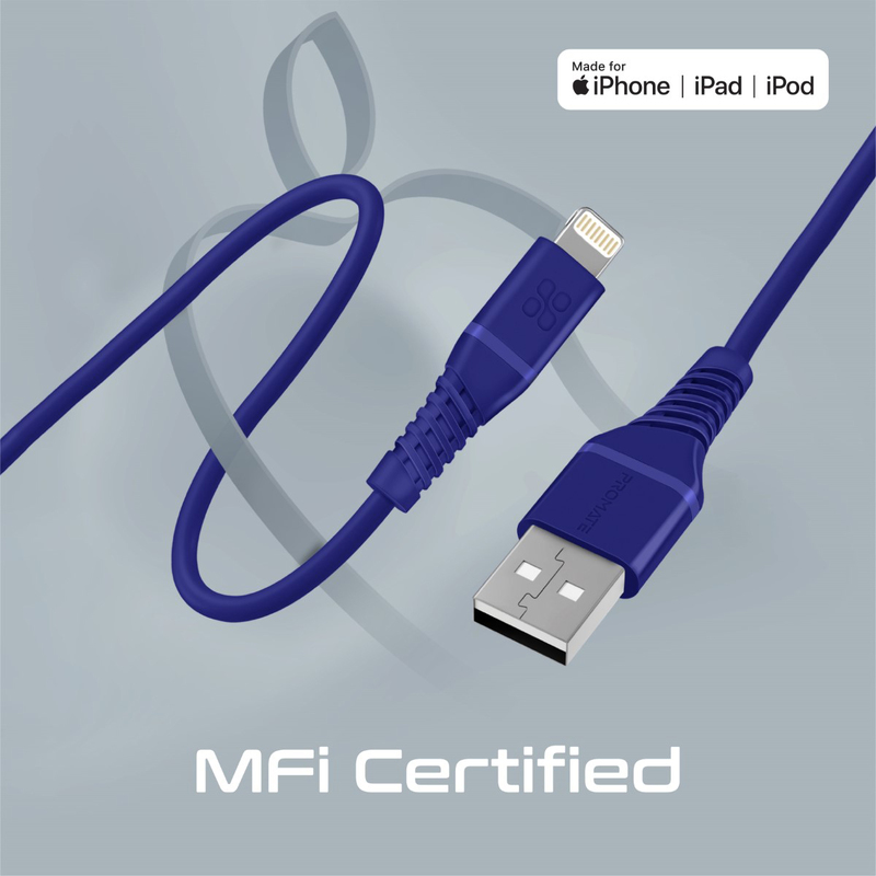 Promate 1.2-Meter High Tensile 2.4A Super-Fast Silicone Cord, USB Type A to Lightning Cable with 480 Mbps Data Sync for iPhone 13, iPad, AirPods Pro, PowerLine-Ai120, Blue